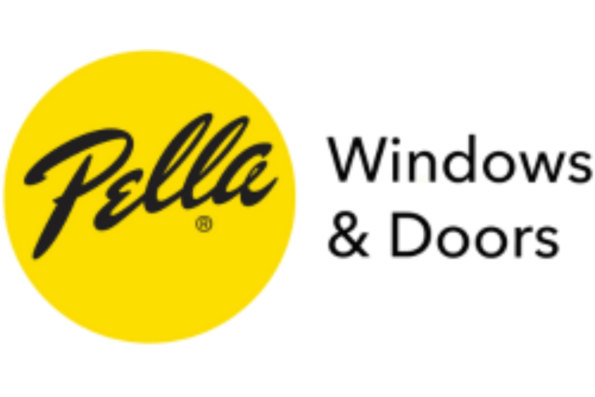 Pella Windows & Doors logo with "Pella" in black script inside a yellow circle, next to black text reading "Windows & Doors.