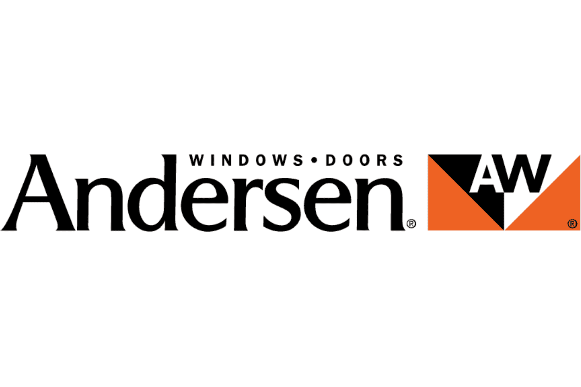 Andersen Windows and Doors logo with black text and an orange, black, and white geometric AW symbol on the right.
