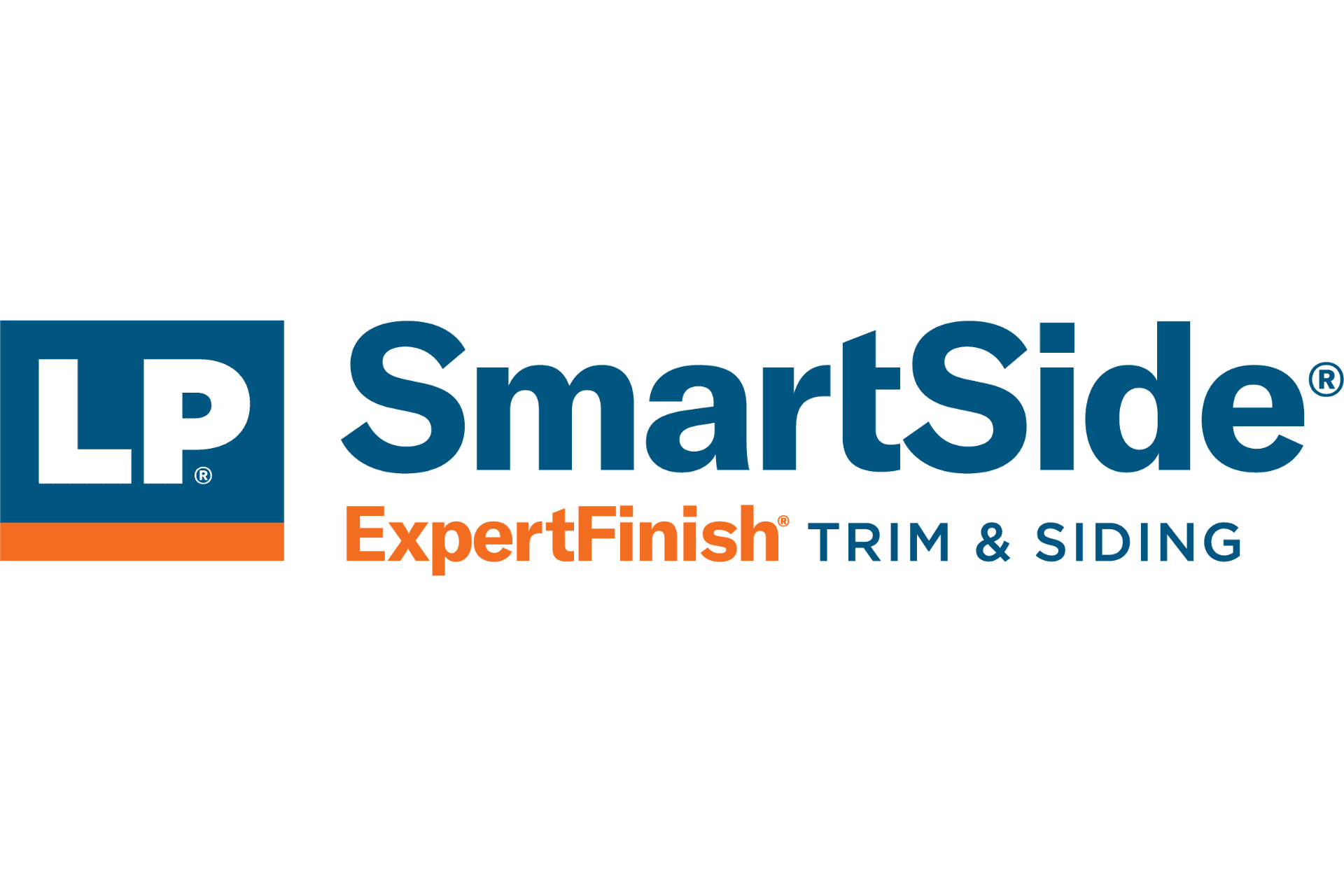 LP SmartSide ExpertFinish Trim & Siding logo featuring blue and orange text and a stylized "LP" in a blue square on the left.